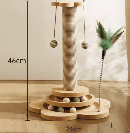 Cat play structure with dimensions on a wooden floor