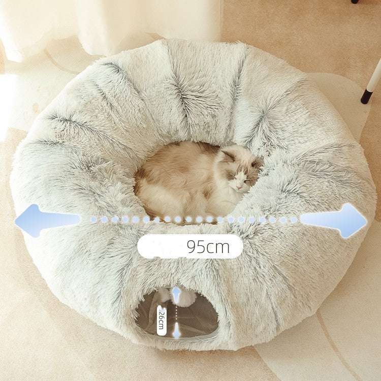 Fluffy pet bed with a cat inside, size measurement indicated