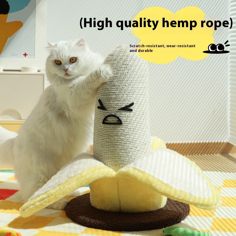 White cat on a cat tree with a high quality hemp rope label
