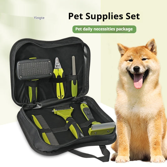 Pet grooming tools set with a dog on a light green background