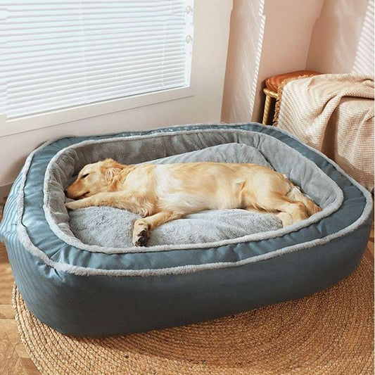 Dog lying on a large gray pet bed in a cozy room with a window and chair.
