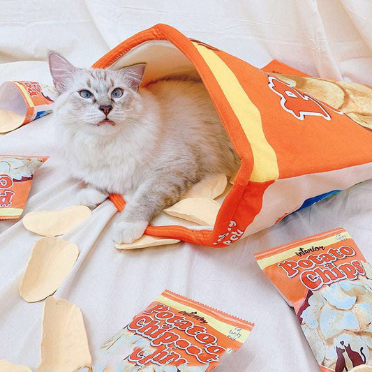Cat lying inside a potato chip bag with chips scattered around on a white surface