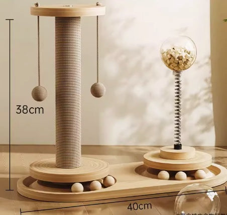 Wooden cat toy with measurement details on a neutral background