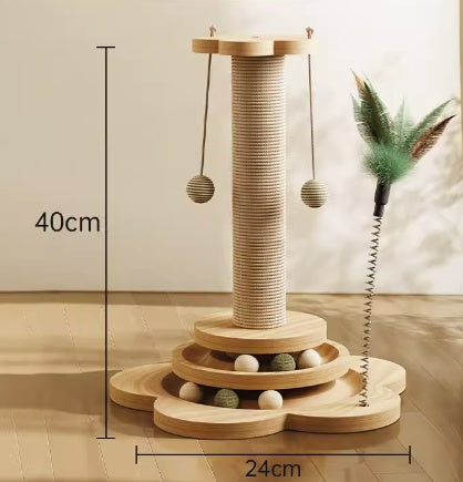 Cat play structure with dimensions labeled on a neutral background