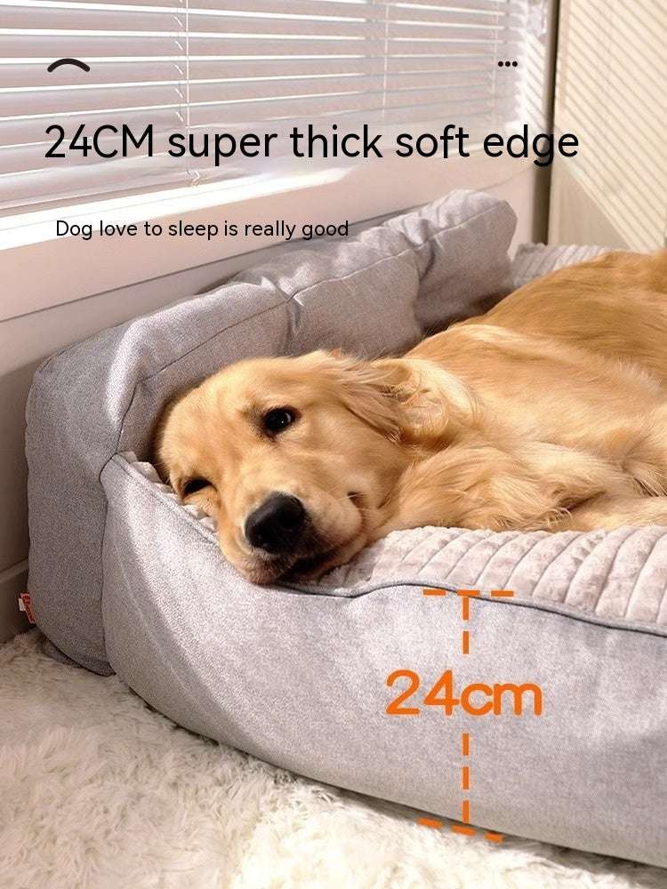 Dog lying on a gray pet bed with a measurement label indicating a 24CM thick soft edge.