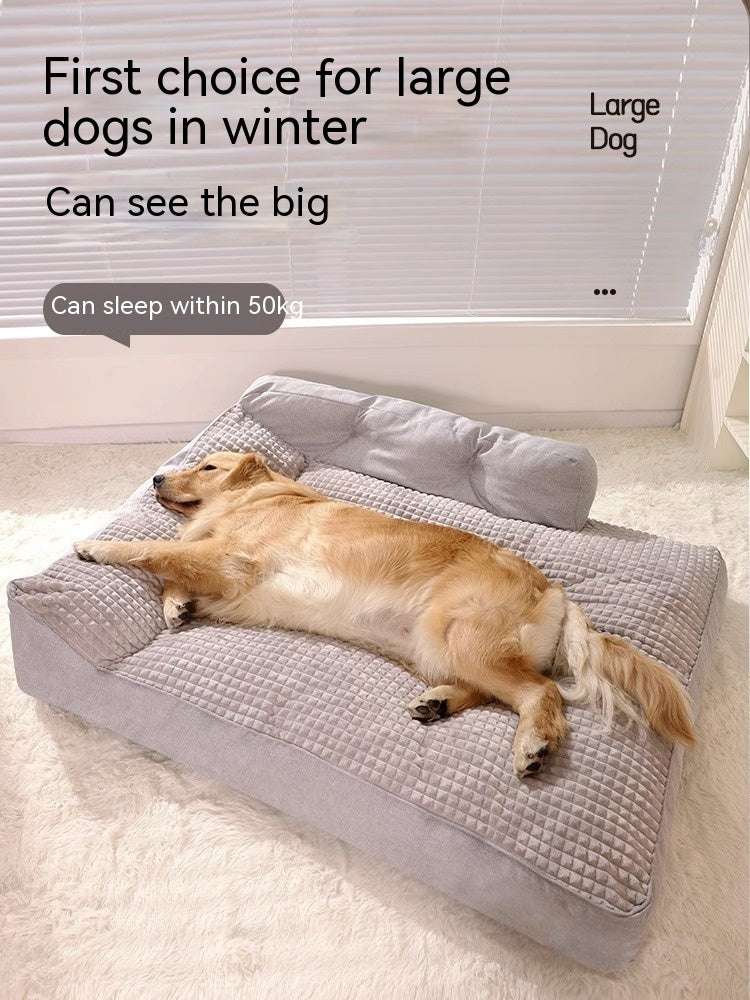 Dog lying on a large pet bed with text about it being suitable for large dogs in winter.