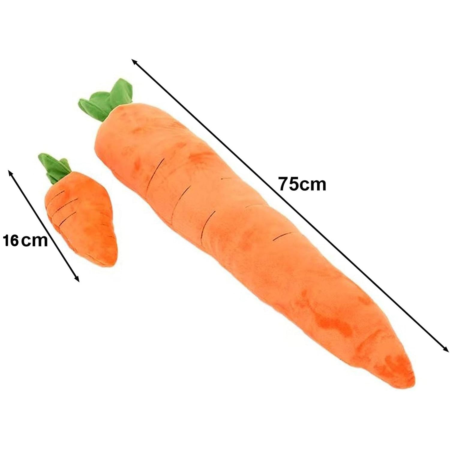 Plush carrot toy with measurements on a white background