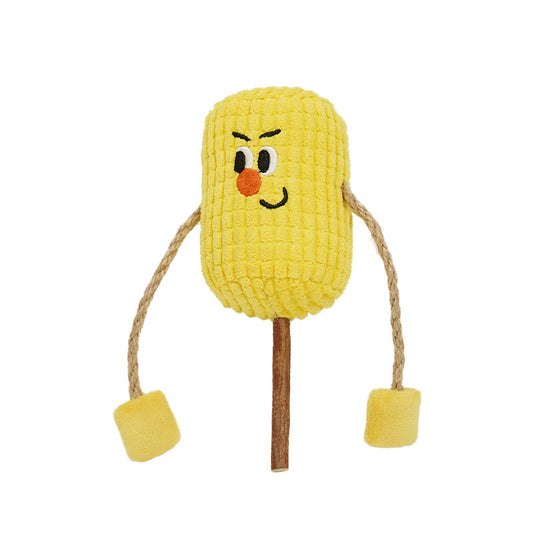 Yellow plush toy resembling a corn on a stick with a face on a white background