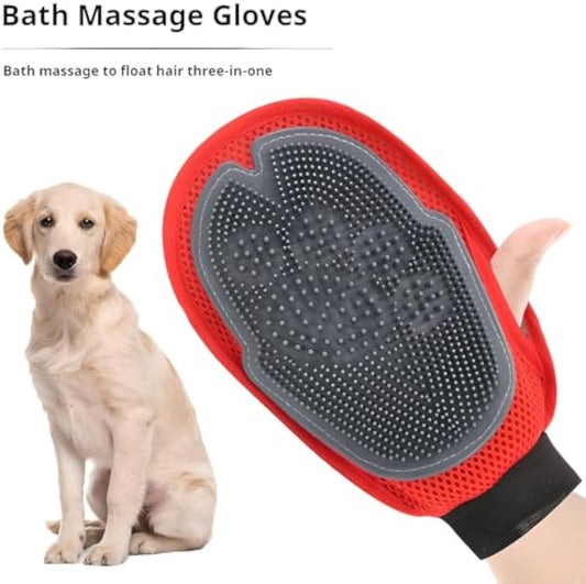 Red and gray bath massage glove with a dog on a white background