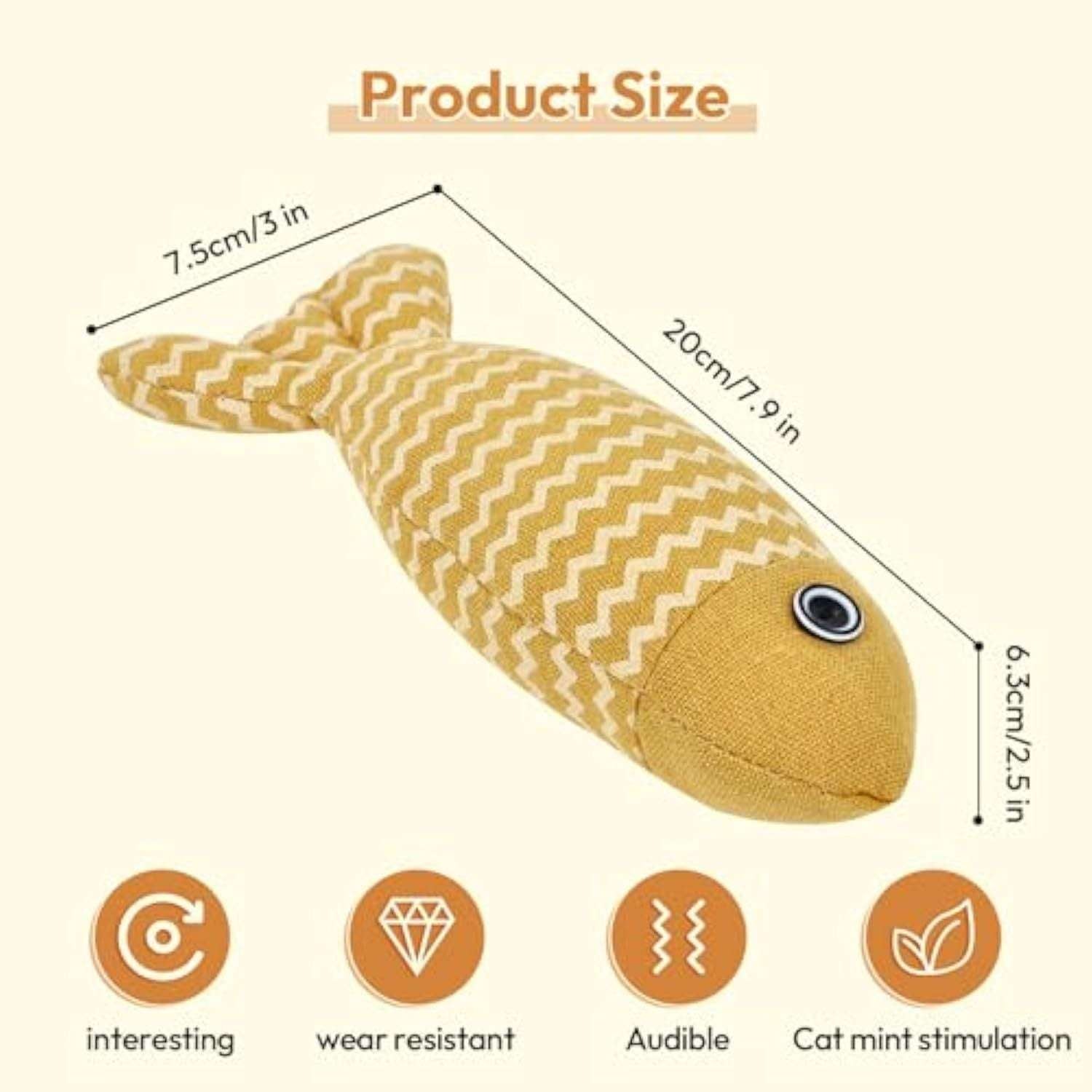 Fish-shaped toy with measurements and features on a white background
