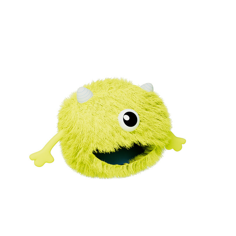 Yellow plush toy with a single eye on a white background