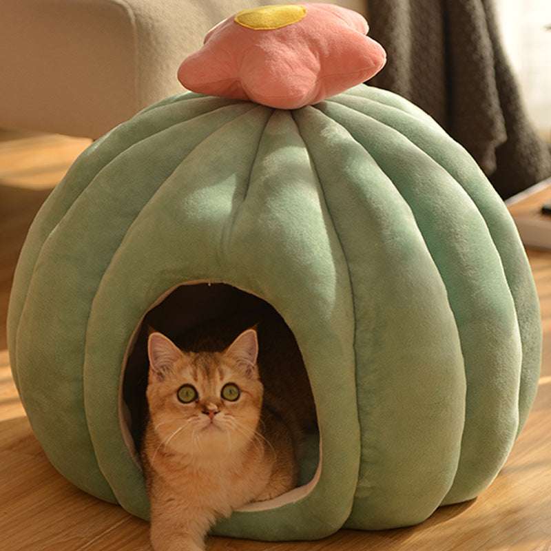 Cat peeking out from a green pet house shaped like a flower with a pink flower on top.