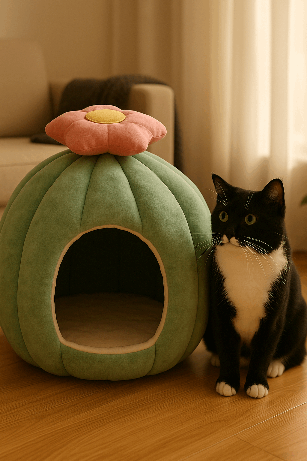 Black and white cat with larger pumpkin pet house