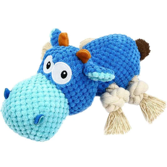 Blue dragon-shaped toy with rope on a white background