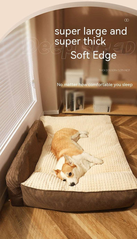 Dog lying on a large brown pet bed with text about its thickness and comfort.