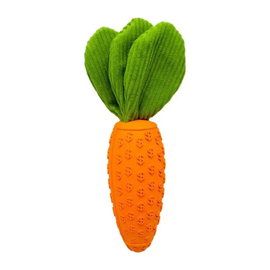 Carrot-shaped toy with green leaves on a white background
