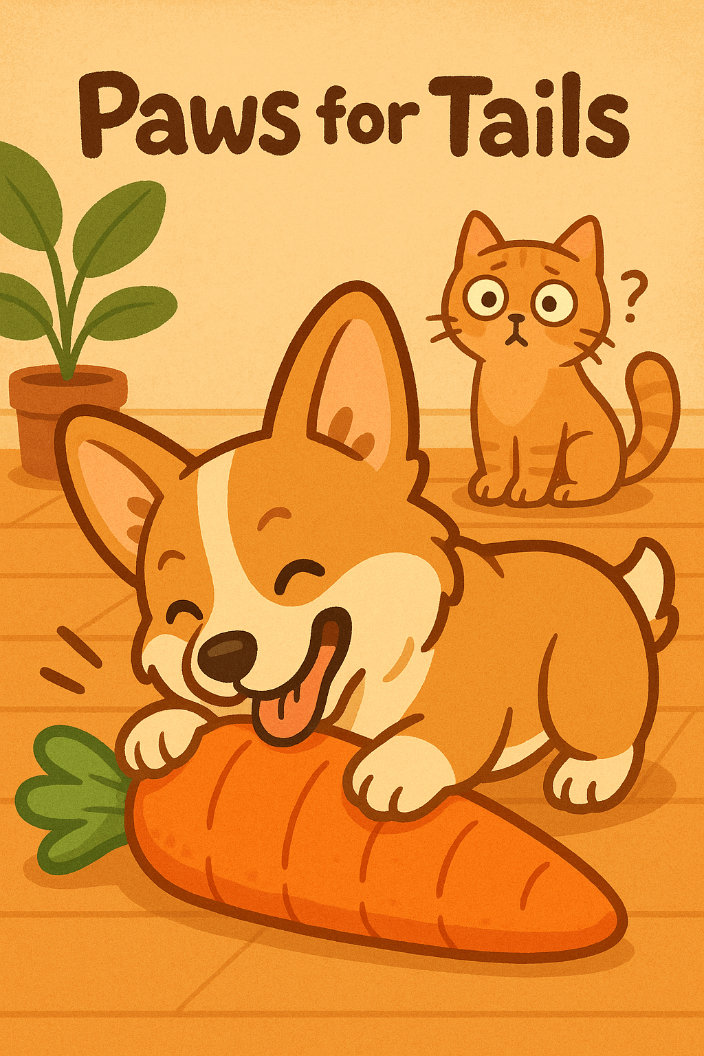 Dog Chewing Carrot with Confused Cat