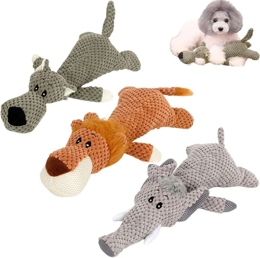 Set of crocheted dog toys shaped like wolves on a white background