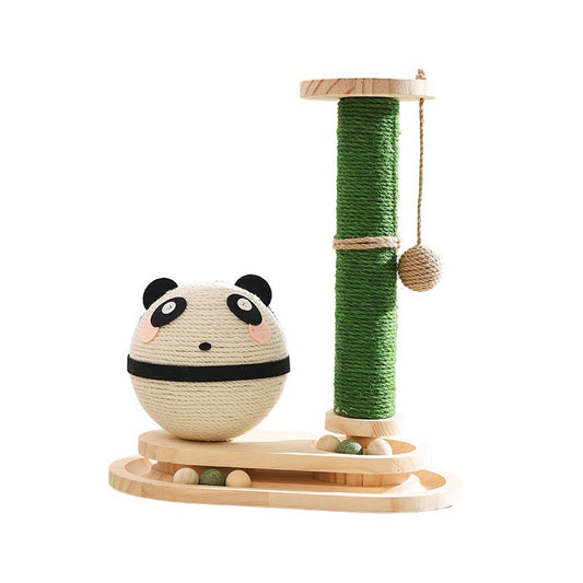 Cat toy with panda design and green cylindrical scratching post on a white background