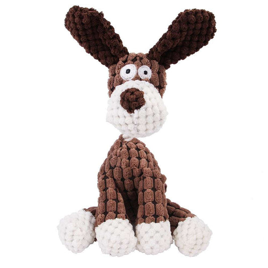 Brown and white knitted dog toy on a white background