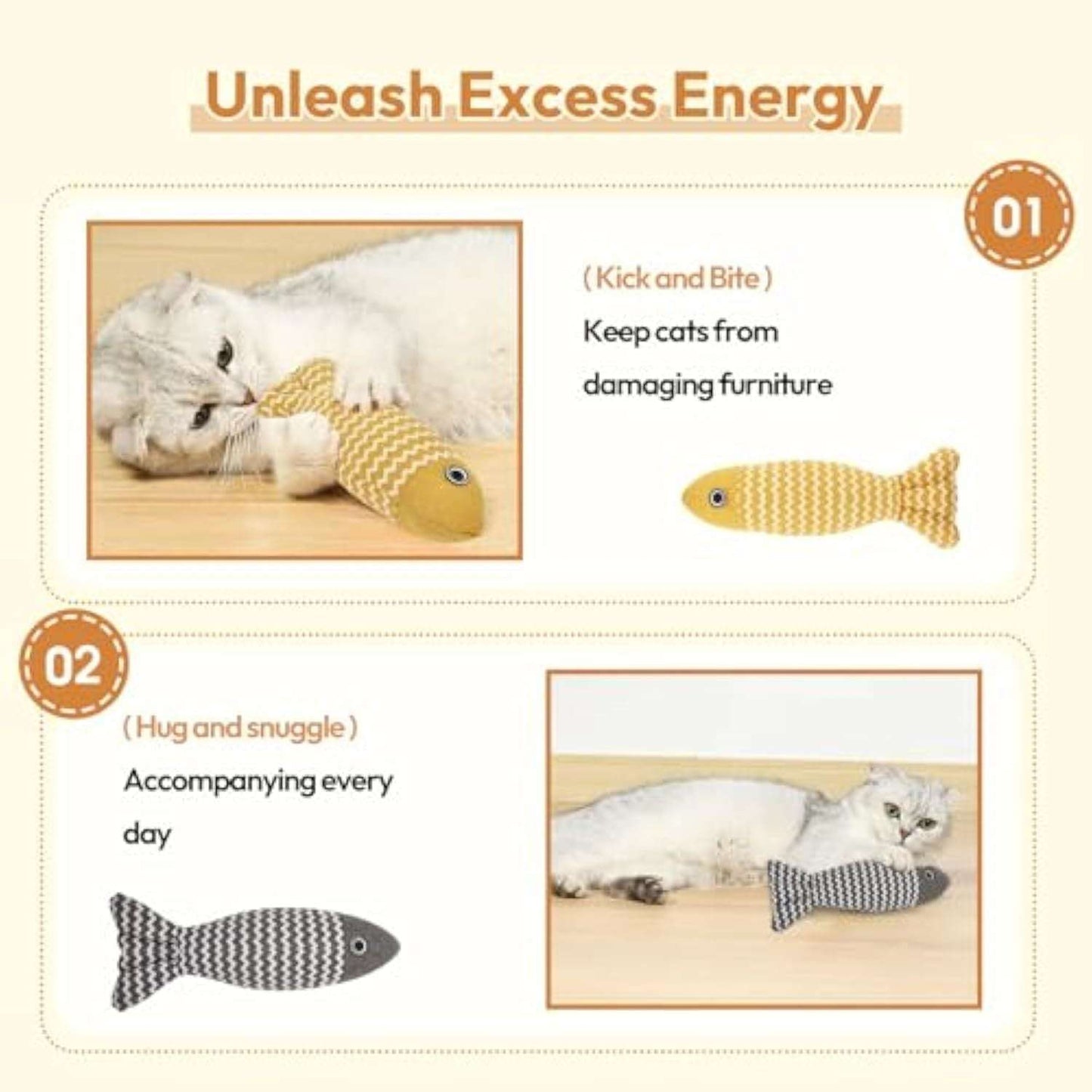 Catnip toys for cats with text explaining their uses on a beige background