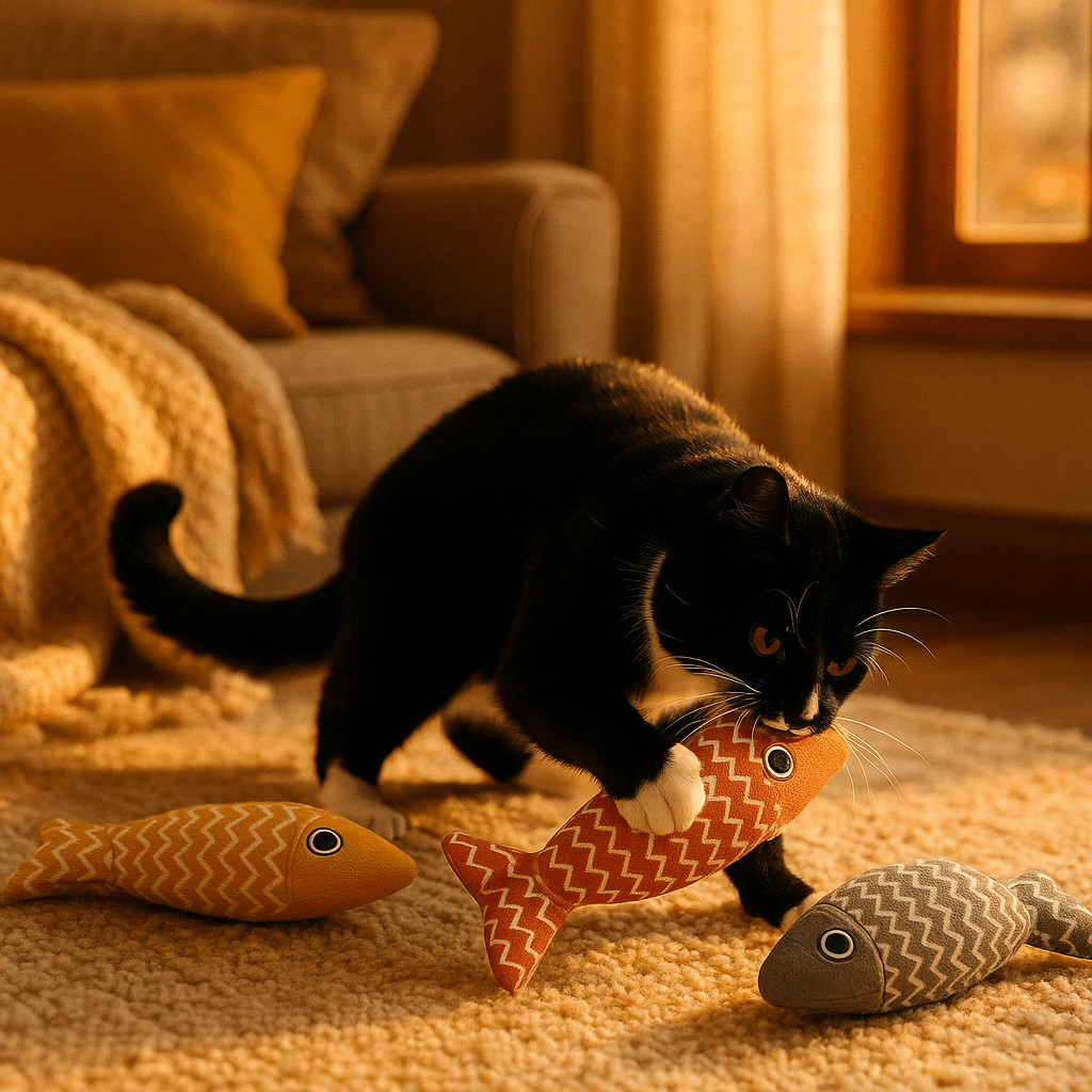 Warm Cozy Cat Playing with Fish Toys