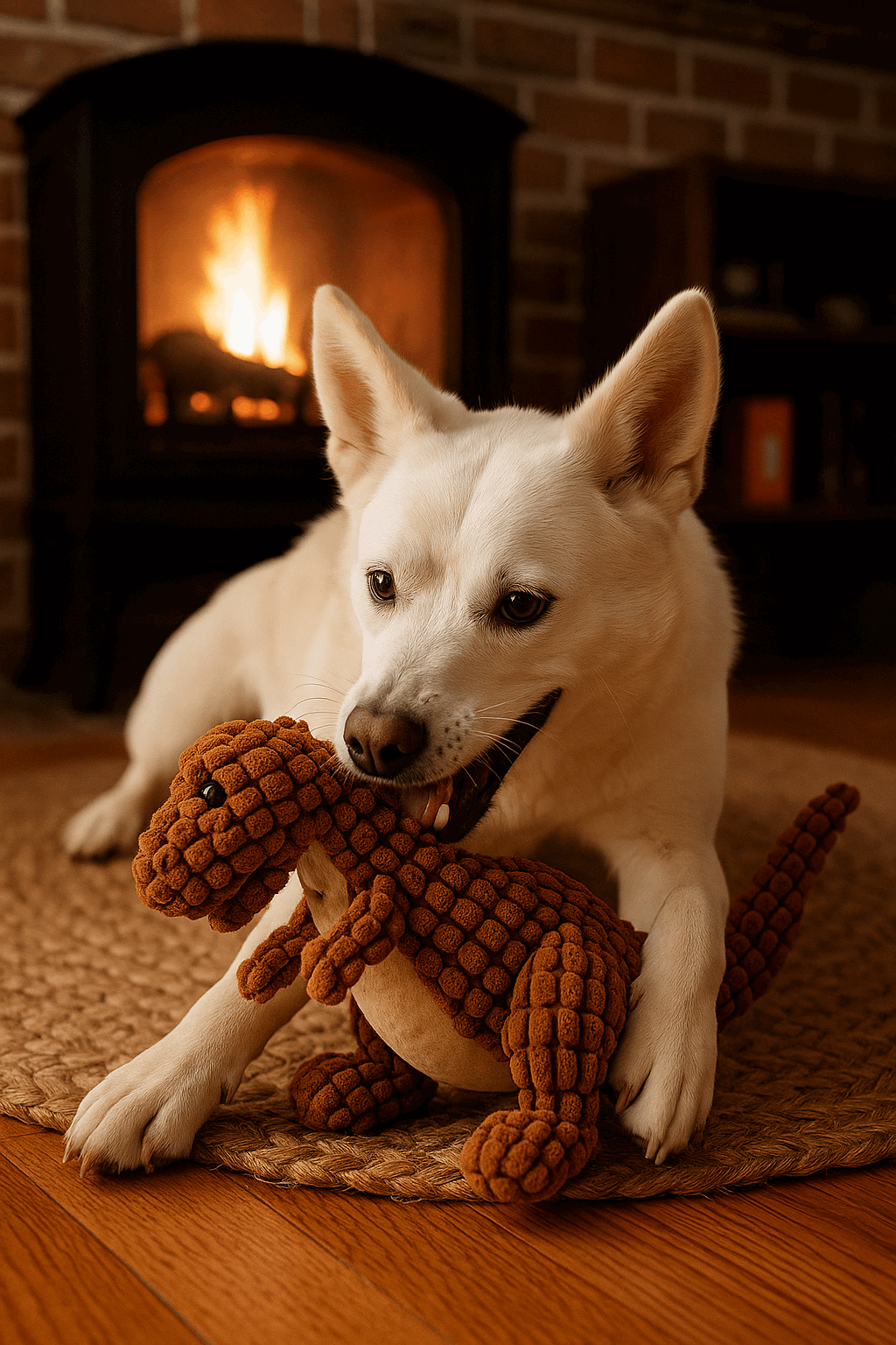 White dog playing with textured pet toy