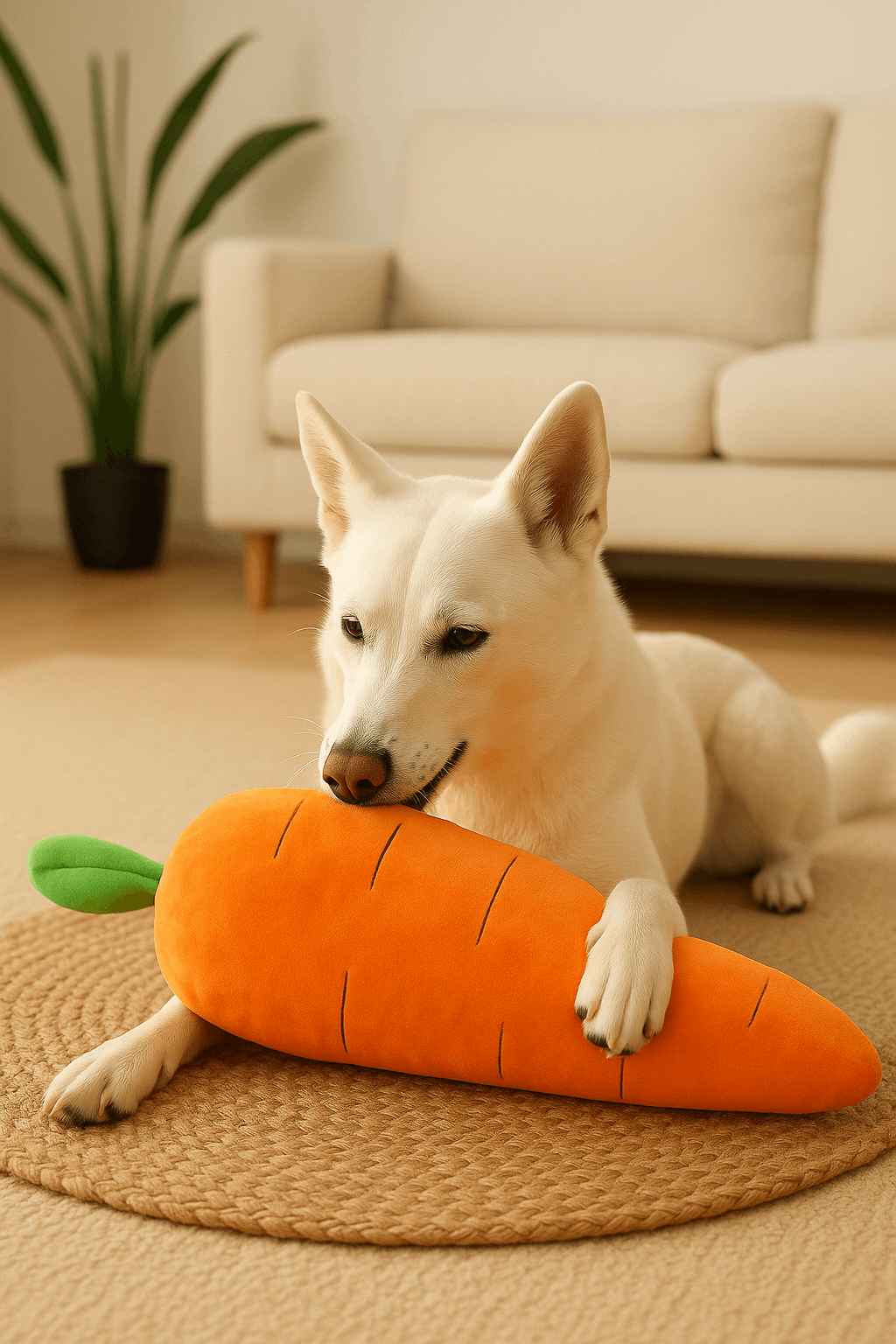 White dog with carrot toy in warm setting