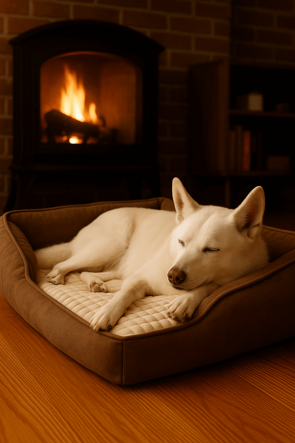 Your white dog relaxing on cozy dog bed by fireplace